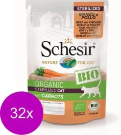 Schesir Kat Bio Pouch 85 G – Kattenvoer – 32 X Rund&Kip&Wortel