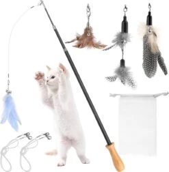 Kattenvishengel, Interactief Intrekbaar Kattenspeelgoed Met Ergonomisch Houten Handvat, 4 Stuks Reserve Dierenveren Hangers En 3 Reserve Linten, Kattenspeelgoed Voor Kittens En Katten