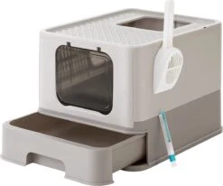 Kattenbak, Kattentoilet, Met Deksel, Uittrekbaar Dienblad, Shep, Borstel, Ruim Voor Katten Tot 15 Kg, Minder Sporen, Lekvrije Bodem, Havermoutkleur, Warmgrijs