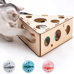 Mewoofun Kat Speelgoed Driehoek Doos Met Drie Ballen Interactieve Massief Houten Speelgoed Voor Binnen Katten Kitten Muizen Kaas Vormige Doos Vang Reactie Intelligentie Spel Speelgoed Tegen Verveling
