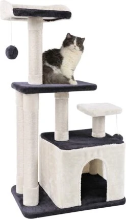 MC Star Stabiele Krabpaal, Kattenboom, Kattenkrabpaal, Tweedeurs, Hol, Speelhuis, Meerdere Platforms En Speelgoed, Pluche Ballen Met Klokken, Klimboom Voor Katten Middelhoog 100 Cm, Grijs En Beige