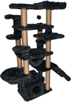 Topmast Krabpaal Fluffy Malta – Zwart – 166 X 65 X 173 Cm – Krabpaal Voor Grote Katten En Zware Katten – Met Kattenhuis En Hangmat – Stevig Sisal Touw